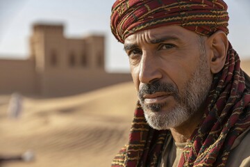  A close-up portrait of a thoughtful man with a salt-and-pepper beard, adorned in a red and patterned turban, gazes off to the side with a serious expression.