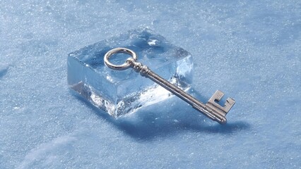 An old metal key resting on a clear ice block on a frosty blue surface. Concept Old metal key, Clear ice block, Frosty blue surface, Cold lighting, Macro close-up