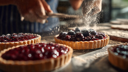 Close up of hands dusting powdered sugar over fresh berry tarts on a baking surface table