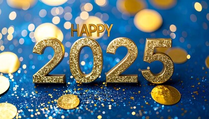 Festive gold numerals 2025 on a blue background with glitter and confetti