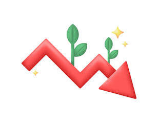 a concept of declining investment value. failed investments and losses. stocks continue to decline and plummet. illustration of a downward arrow with plants. 3D style design. symbols, elements