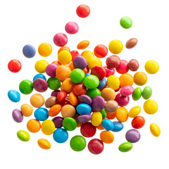 Obraz premium Heap of colorful, round candies scattered on a black background. Close-up shot shows textures