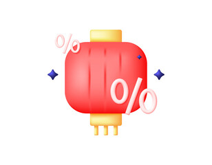 A concept of Chinese celebration and festival offerings. Illustration of a lantern symbol with a percent symbol. Discount, value, percentage. 3D style design. Symbols, elements, white background.