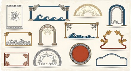 Assorted Decorative Frames and Borders with Architectural and Natural Elements.