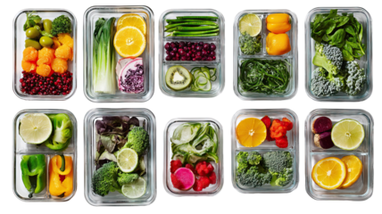 Hyper-Detailed Flat Lay of Organized Meal Prep Containers for the Week on Transparent Background