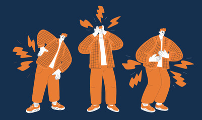Cartoon vector illustration of a man in three scenes showing back, head, and stomach pain as a symbol of stress, health struggles, and human vulnerability
