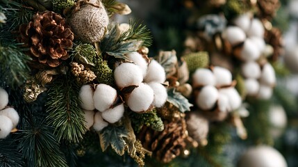 Stunning natural Christmas wreath with pine cones, cotton bolls and evergreen branches