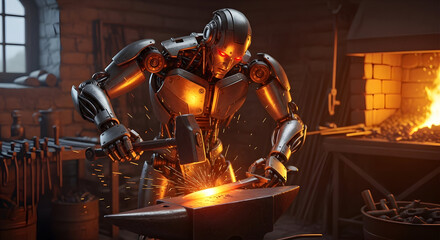 Robot blacksmith forging metal in workshop