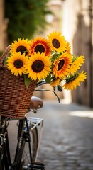 Sunflowers in a bicycle basket on a charming European street.