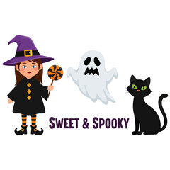 Cute Halloween Witch Ghost and Black Cat Sweet and Spooky.