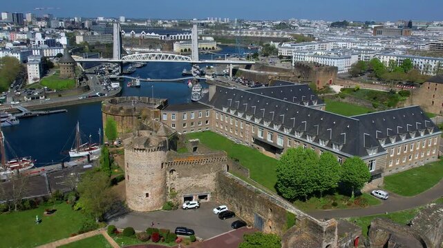 France Brittany Brest Aerial 4K Video Scenic Panorama of Medieval Castle Walls and Recouvrance Bridge over Penfeld River Channel Maritime City Harbor Fortification Architecture Atlantic Travel