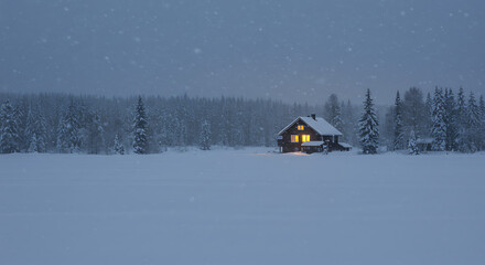 Naklejka premium Cozy cabin glowing in snowy winter landscape during night 