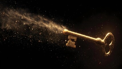 An ornate antique gold key glowing with gold dust dispersing into a dark background. Concept Ornate antique key, Glowing gold dust, Dark background, Magical glow, Golden aura