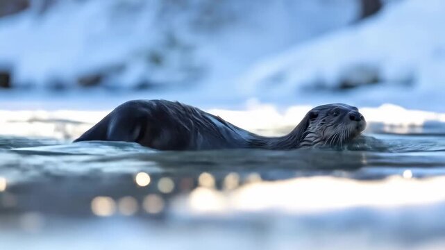 Wild River Otter Swimming Gracefully in Icy Winter Water.