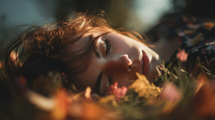 A woman with closed eyes lying among flowers and leaves in a soft and dreamy atmosphere outdoors