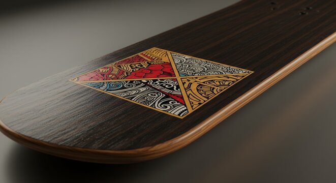 Skateboard deck with decorative design close up on gray surface