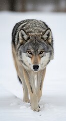Intense Gaze - Gray Wolf Stalking Through Snowy Wilderness.