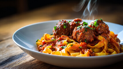 Close up of a plate of steaming pasta with meatballs and tomato sauce garnished with parsley