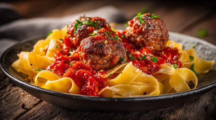 A close up shot of a plate of tagliatelle pasta with meatballs and tomato sauce on a wood table