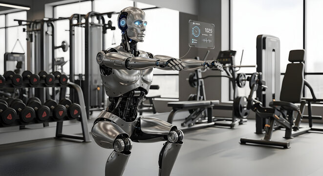 Robot performing squats in a gym - Powered by Adobe