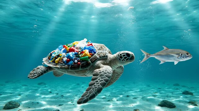 Sea turtle carrying plastic trash swims with fish in ocean. A powerful image of environmental pollution and marine life. Ocean pollution, ecological disaster, plastic waste.