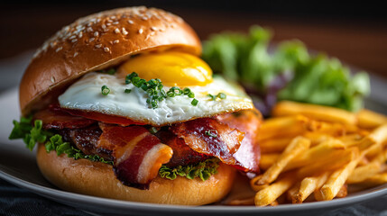 Close up of a burger with bacon and a fried egg served with fries and a side salad on plate
