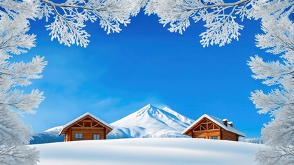 Winter wonderland log cabin retreat beneath snow-capped mountain and frozen trees.