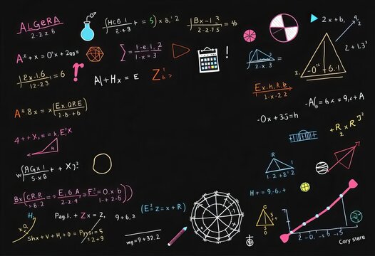 Hand-drawn doodles of algebra, geometry equations, graphs, physics formulas, and science concepts ideal for student homework and education,  geometry,   mathematics