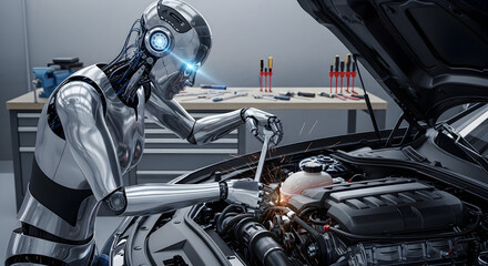 Fototapeta premium Robot mechanic working on car engine with tools