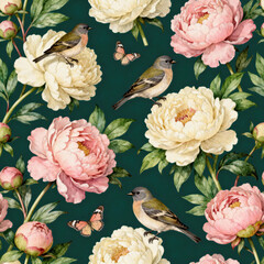  illustration of a seamless floral pattern with cute birds in spring for Wedding, anniversary, birthday and party. Design for banner, poster, card, invitation and scrapbook