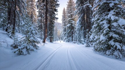 Obraz premium Winter landscape with snowy trail winding through tall evergreen trees in a serene forest setting during early morning light