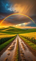 Rainbow Over Sunflower Fields Pathway Landscape, Sunlit Hills and Cloudy Sky
