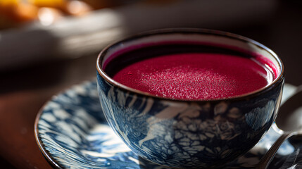 A close up shot of a bowl of vibrant pink soup sitting atop a blue and white patterned saucer