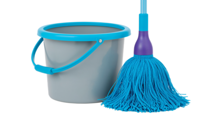 A 3D digital rendering of a cleaning mop and bucket on a white background, perfect for household chores and cleaning supplies