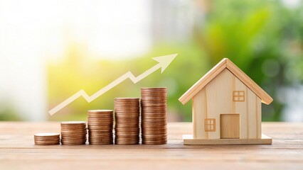 Increasing house value concept rising coins and wooden house model with arrow.