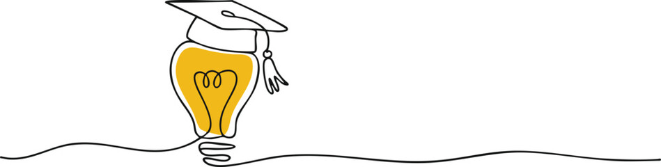 Continuous one line drawing of light bulb wearing graduation cap symbolizing creativity, knowledge, innovation, and smart education concept