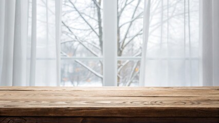 Rustic wooden table top with snowy winter background scene mockup