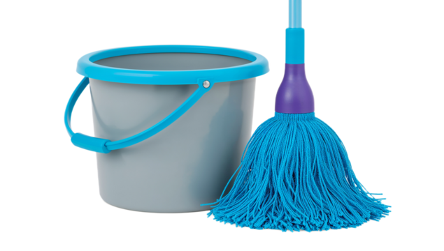 A 3D digital rendering of a cleaning mop and bucket on a white background, perfect for household chores and cleaning supplies