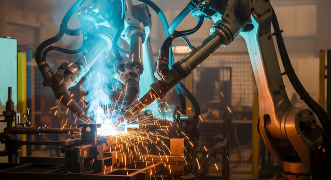 Robotic arm welding with bright sparks and blue light