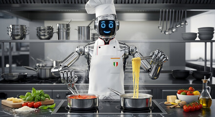 Robot chef cooking pasta in professional kitchen