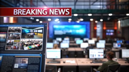 Breaking News Studio with Computer Screens and Operators Monitoring Live Feeds