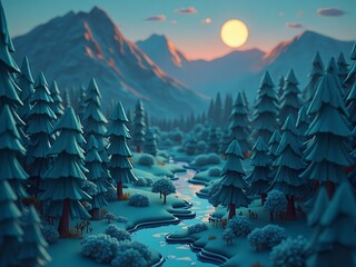 自然, 景色, 環境問題, 風景, 木, イラスト, 季節, 観光, 旅行, 山, 森, 空, 草, デザイン, 緑, 山脈, 夕方の森、夜の森、森林、川、道、