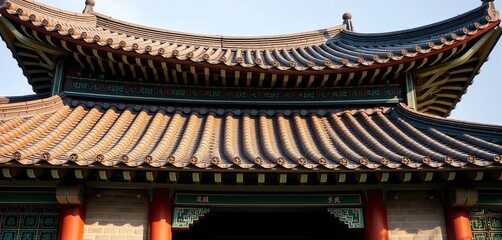 Naklejka premium Intricate curved roofline, colorful tiles, ornate eaves, traditional Korean architecture, colorful, Korea