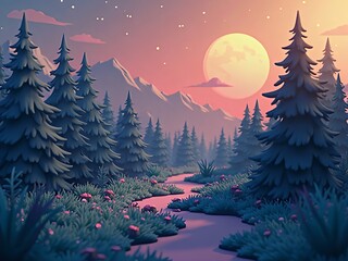 自然, 景色, 環境問題, 風景, 木, イラスト, 季節, 観光, 旅行, 山, 森, 空, 草, デザイン, 緑, 山脈, 夕方の森、夜の森、森林、川、道、