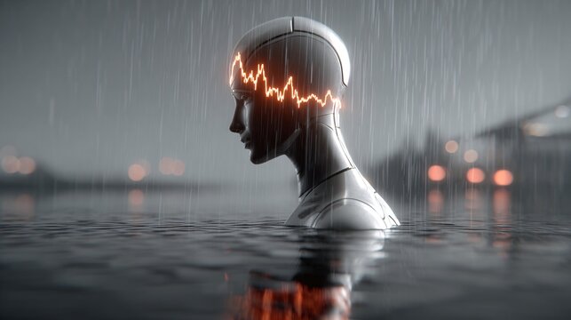 Cinematic wide shot of a neon-lit city at night where digital stock data rains like code over skyscrapers; a colossal glowing AI head statue with stock graphs projected on it, moody atmosphere, vignet