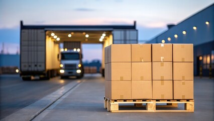 Boxes on Pallet Ready for Shipping with Truck at Docking Bay