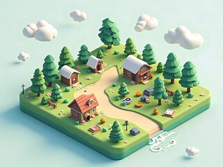 アイソメトリック, 3Dマップ, 地図, ゲームマップ, 自然, 景色, 環境問題, 森の中の家, ゲーム風景, ミニモデル, 風景, 木, ジオラマ, 3D, イラスト, 季節, 粘土, 建築, 観光, 旅行, 山, 森, 空, 太陽, パネル, 環境の, ビジネス, むら, 草, デザイン, 野原, 家, 町, 村, 村落, 集落, バカンス, くつろいで, 庭, ファーム, コテージ、