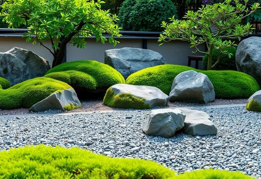 Horizontal banner depicting a serene Japanese zen garden with raked gravel, carefully placed rocks, and lush green moss,  stones,  landscape