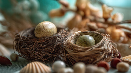 Close up shot of two bird nests each containing a speckled egg surrounded by shells and nuts