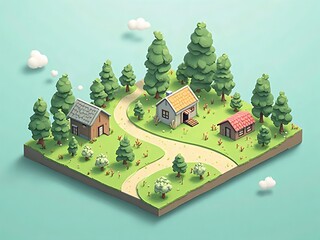 アイソメトリック, 3Dマップ, 地図, ゲームマップ, 自然, 景色, 環境問題, 森の中の家, ゲーム風景, ミニモデル, 風景, 木, ジオラマ, 3D, イラスト, 季節, 粘土, 建築, 観光, 旅行, 山, 森, 空, 太陽, パネル, 環境の, ビジネス, むら, 草, デザイン, 野原, 家, 町, 村, 村落, 集落, バカンス, くつろいで, 庭, ファーム, コテージ、